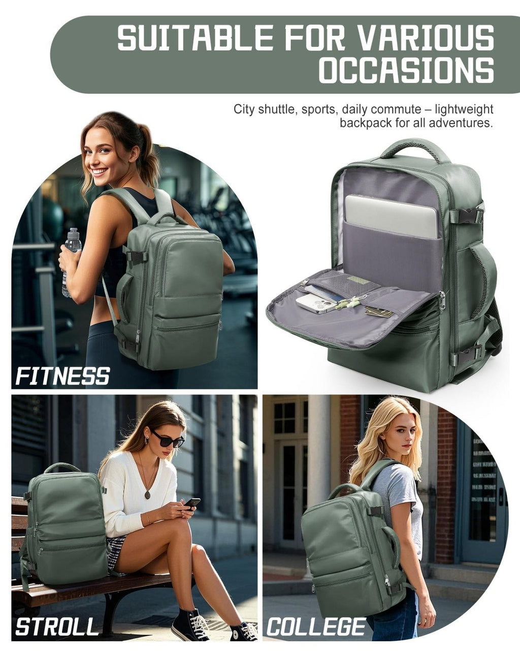 coofay Travel Backpack for Women Men Carry on Backpack for Travel Backpack Carry on Flight Approved Personal Item Travel Bag Mochila de Viaje Green