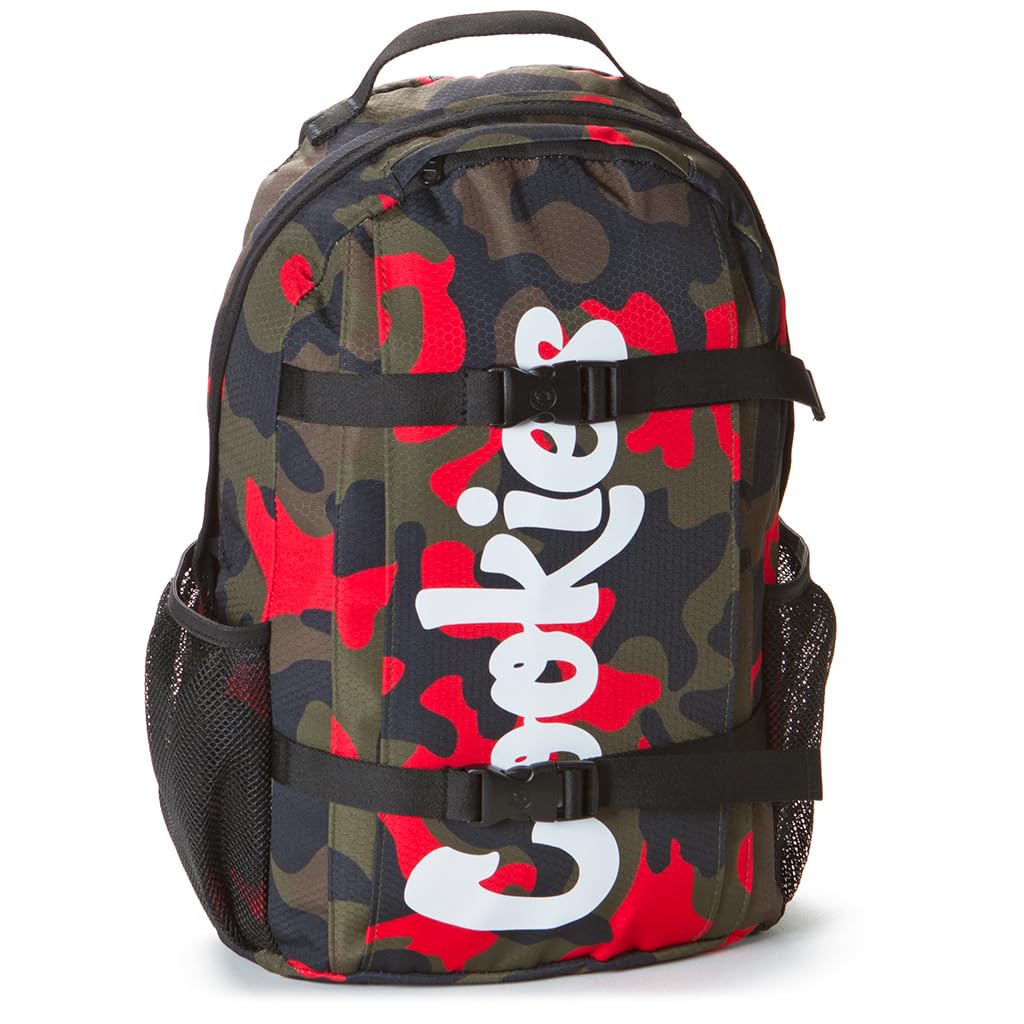 COOKIES Non-Standard Ripstop Nylon Backpack – Durable Tear-Resistant Bag with Heavy-Duty Zippers, Mesh Side Pockets, Adjustable Straps & Laptop Storage – Stylish Streetwear Travel Backpack – Red Camo