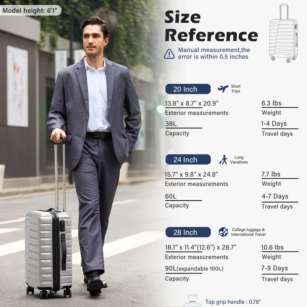 Coolife Carry On Luggage Airline Approved with Wheels Hard Shell Suitcase Spinner TSA Lock Telescopic Handle 20 - inch,Silver