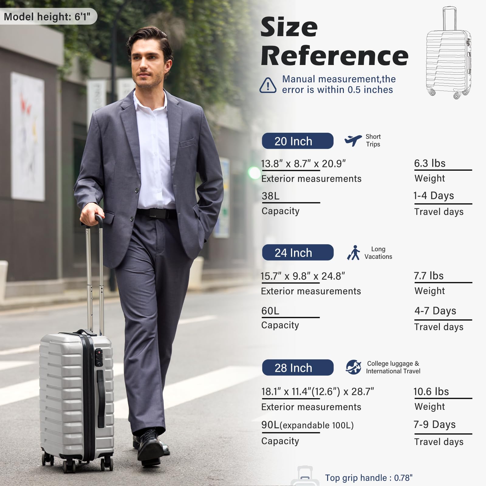 Coolife Carry On Luggage Airline Approved with Wheels Hard Shell Suitcase Spinner TSA Lock Telescopic Handle 20 - inch,Silver