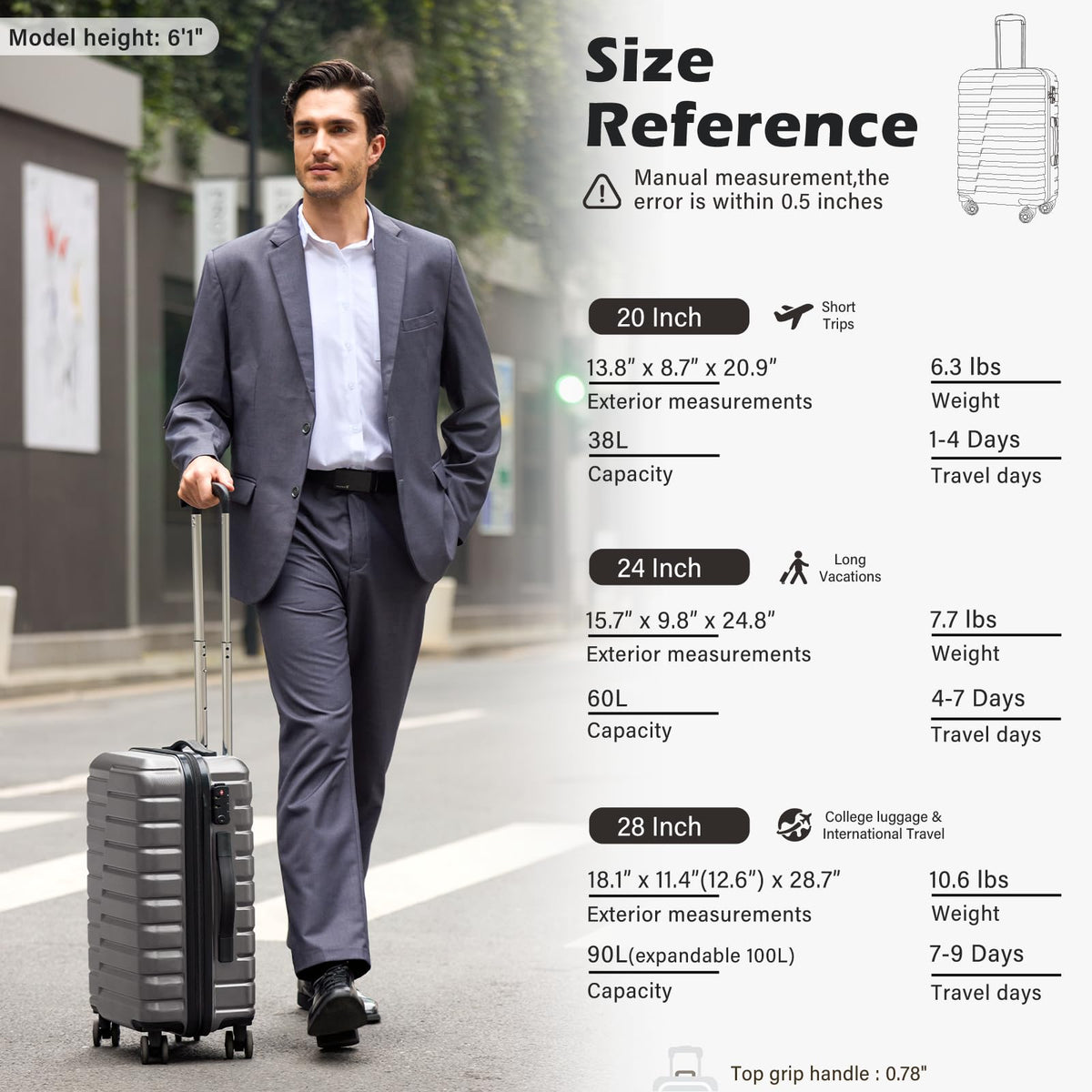 Coolife Expandable Large Checked Luggage with Spinner Wheels, Hard Shell Suitcase TSA Lock Rolling Travel Luggage 28 - inch,Gray