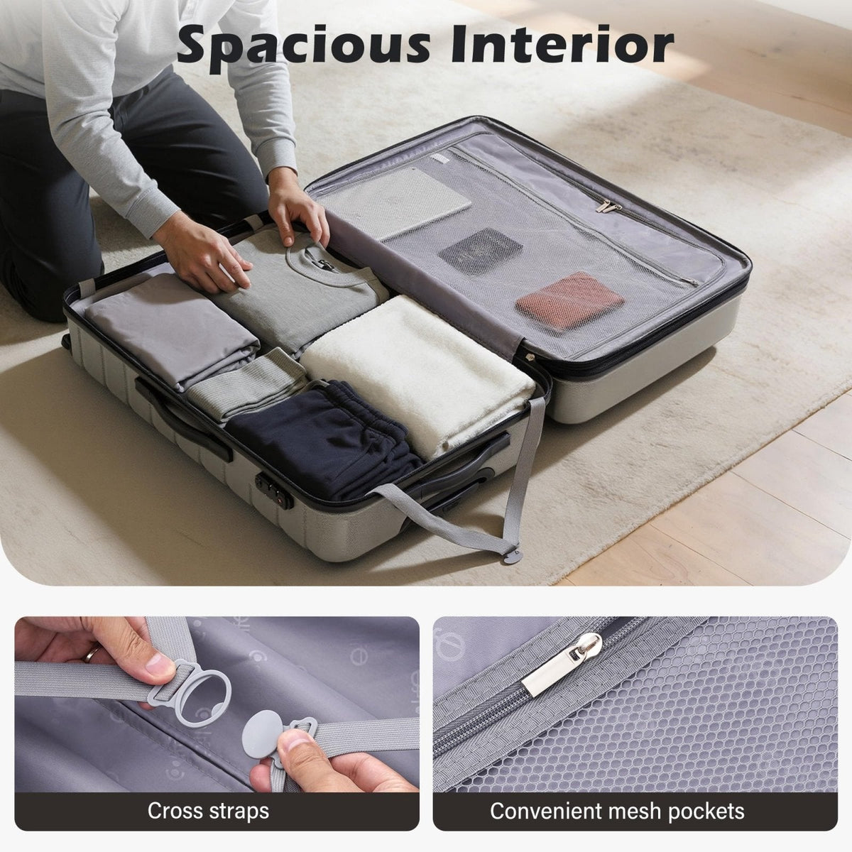 Coolife Expandable Large Checked Luggage with Spinner Wheels, Hard Shell Suitcase TSA Lock Rolling Travel Luggage 28 - inch,Gray