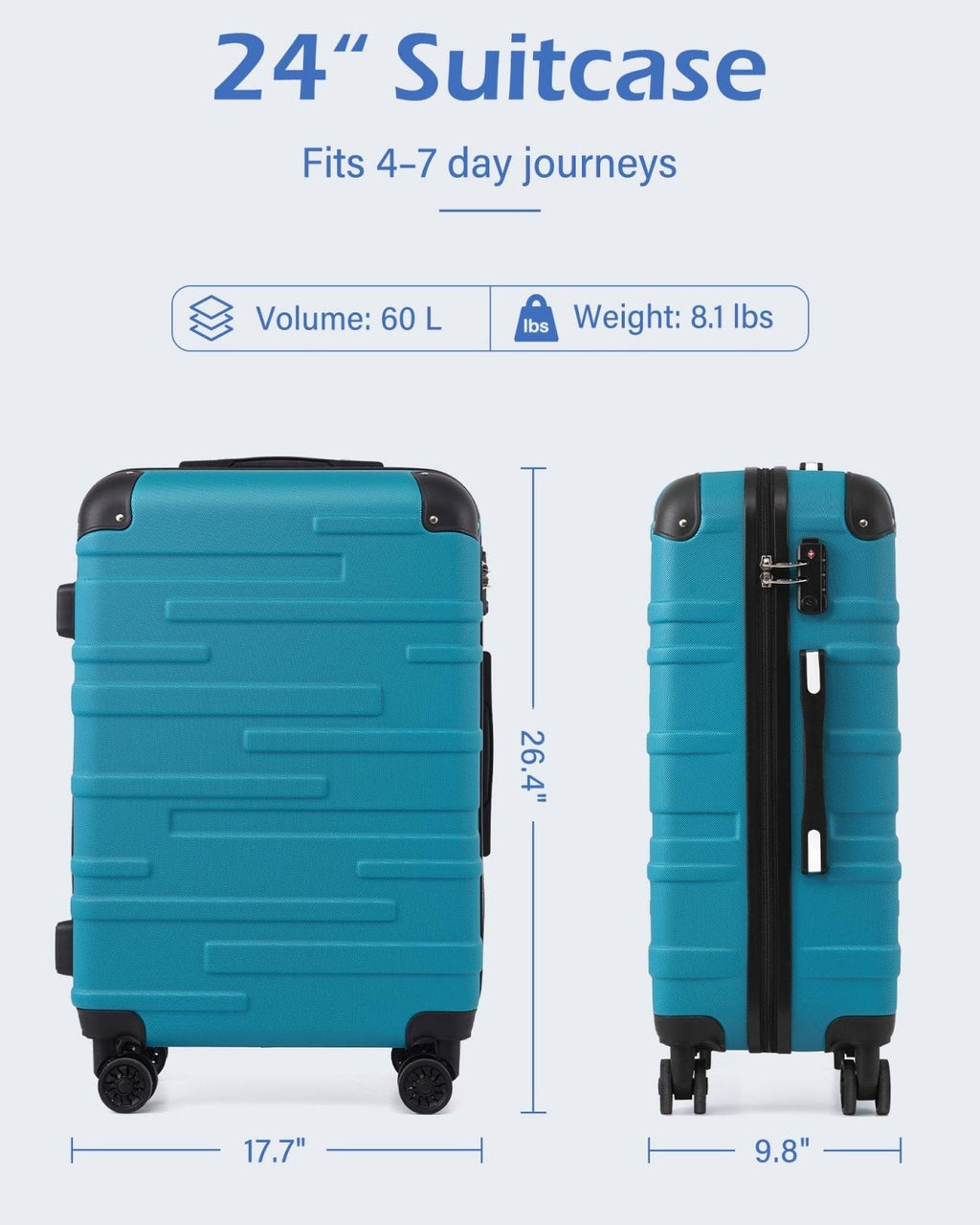 Coolife Hardside Checked Luggage with TSA Lock, Spinner Wheels, Telescopic Handle, Lightweight Suitcase (Champagne, M(24in))