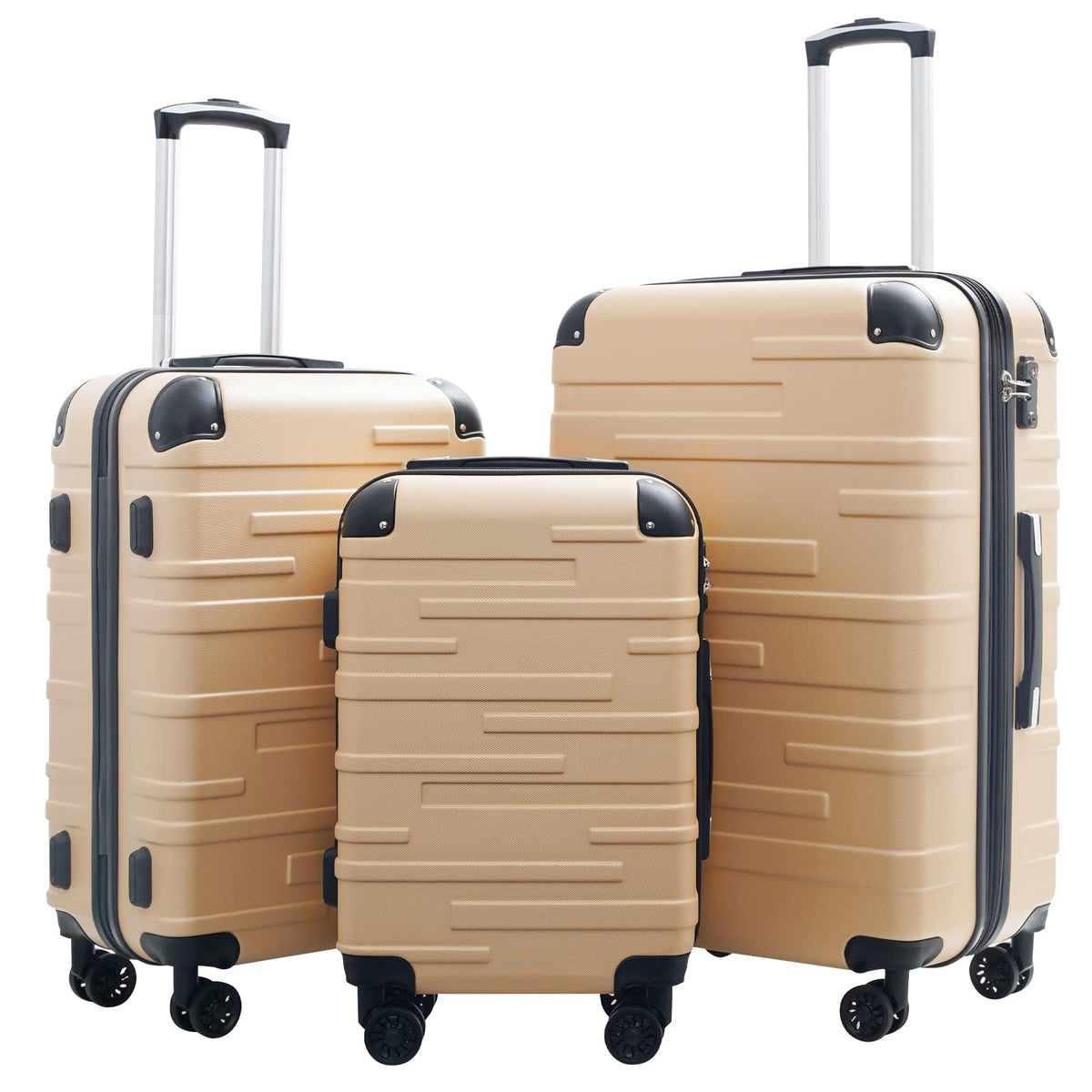 Coolife Hardside Luggage 3 Piece Set with TSA Lock, Spinner Wheels, Telescopic Handle, Lightweight Travel Suitcases (Champagne, 3 piece set)