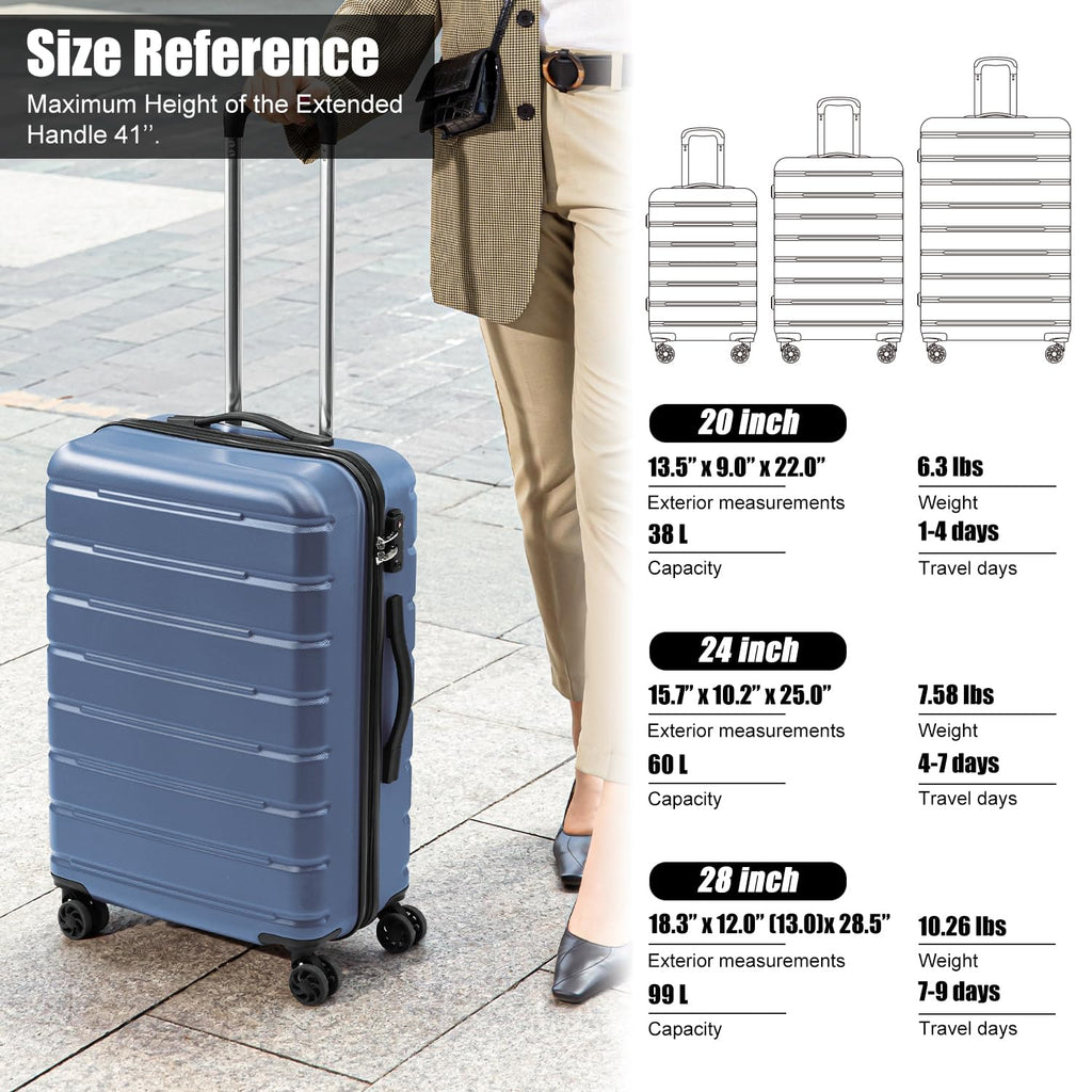 Coolife Luggage 3 Piece Set Suitcase Spinner ABS+PC Hardshell Lightweight TSA Lock USB Port, 20in 24in 28in Carry on Expandable (only 28’’), Ice Blue