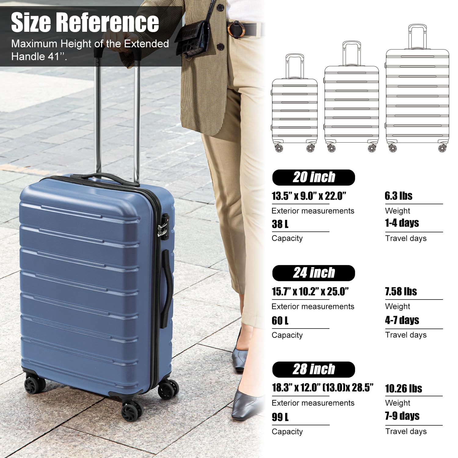 Coolife Luggage 3 Piece Set Suitcase Spinner ABS+PC Hardshell Lightweight TSA Lock USB Port, 20in 24in 28in Carry on Expandable (only 28’’), Ice Blue