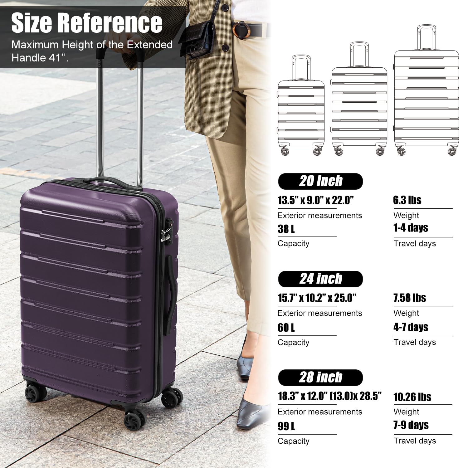 Coolife Luggage 3 Piece Set Suitcase Spinner ABS+PC Hardshell Lightweight TSA Lock USB Port, 20in 24in 28in Carry on Expandable (only 28’’), Purple