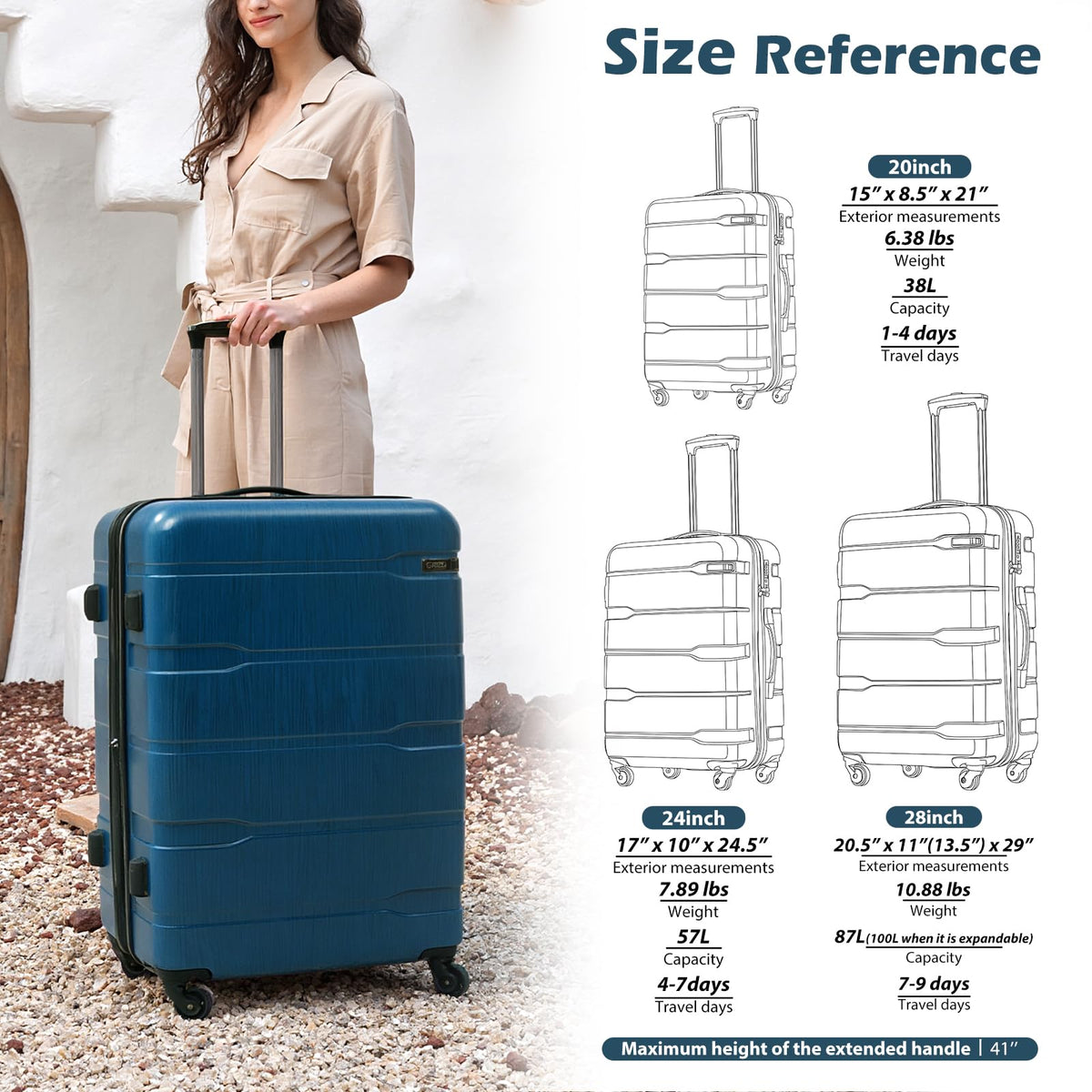 Coolife Luggage Set 3 Piece Hardside PC+ABS Suitcase with TSA Lock, Expandable Large Checked Luggage, Lightweight Rolling Carry On with Spinner Wheels(20/24/28 Inch, Caribbean Blue)