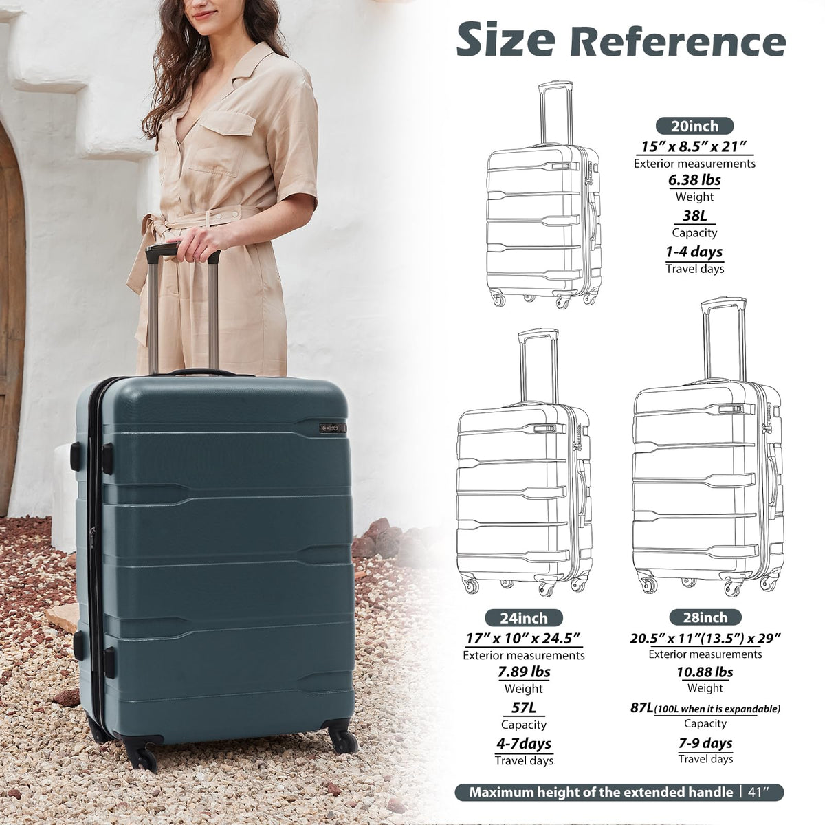 Coolife Luggage Set 3 Piece Hardside PC+ABS Suitcase with TSA Lock, Expandable Large Checked Luggage, Lightweight Rolling Carry On with Spinner Wheels(20/24/28 Inch, Teal)