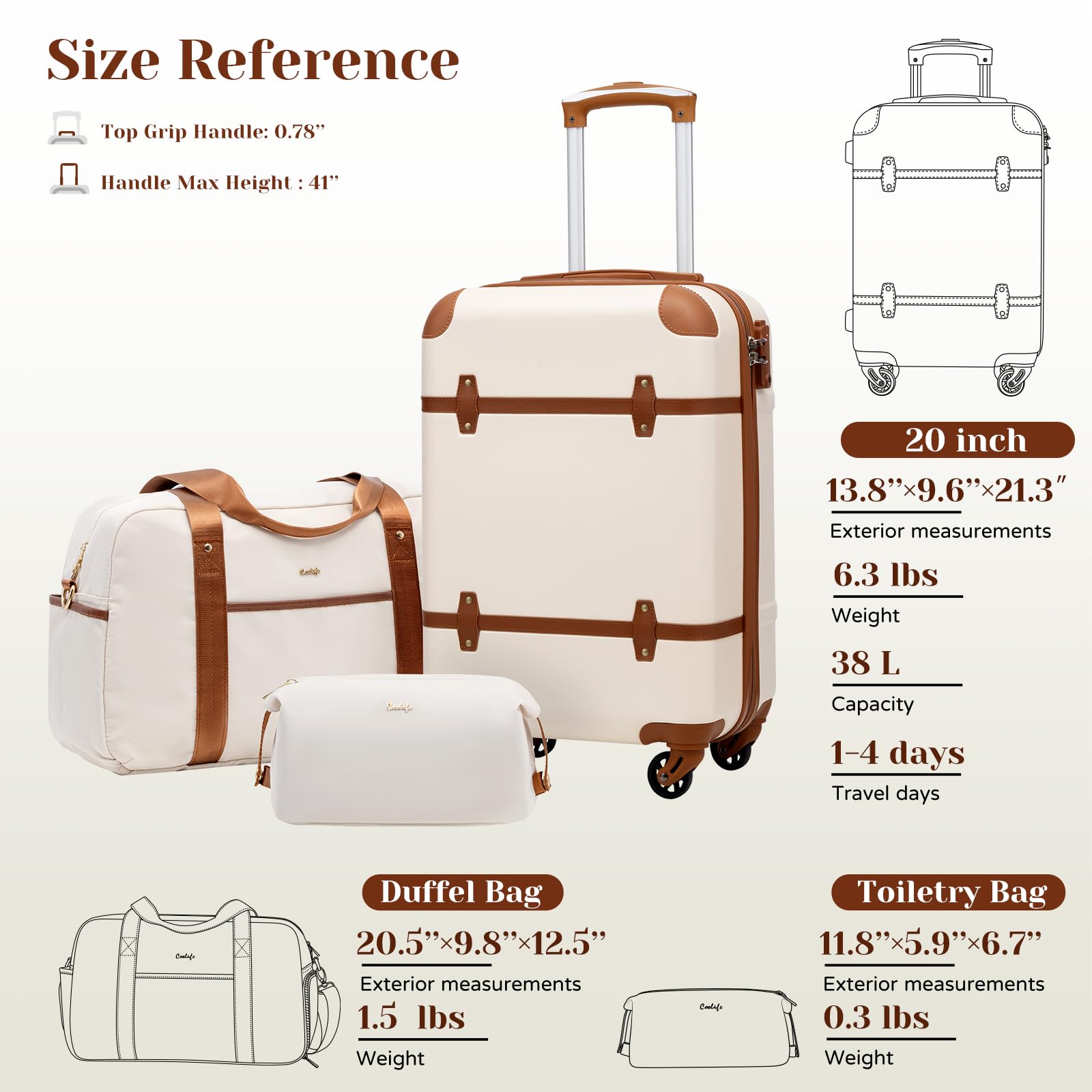 Coolife Luggage Set 3 Piece Suitcase Set Carry On Luggage PC Hardside Luggage TSA Lock Spinner Wheels Telescopic Handle