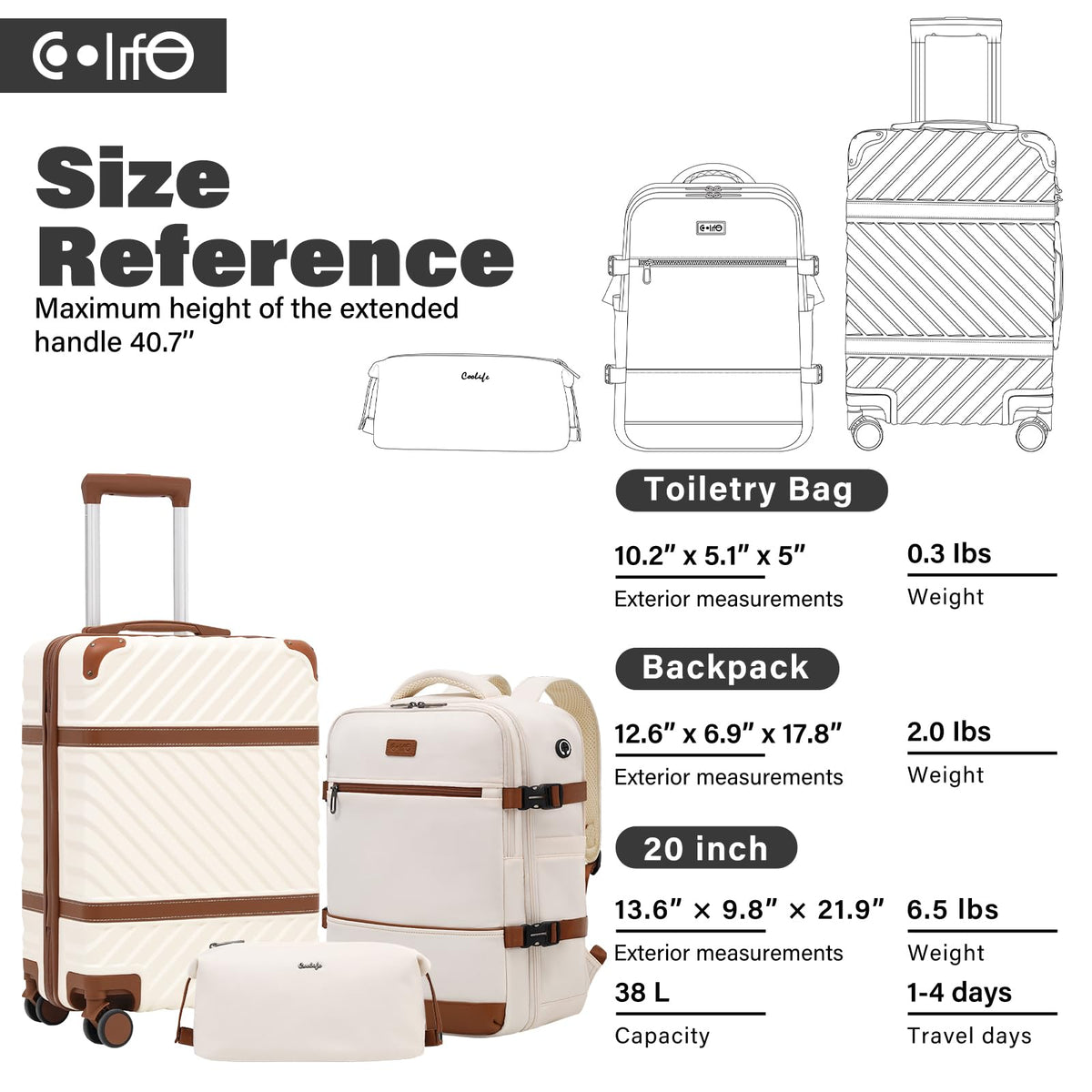 Coolife Luggage Set Suitcase Carry On Luggage PC Hardshell Luggage TSA Lock Spinner Wheels Telescopic Handle