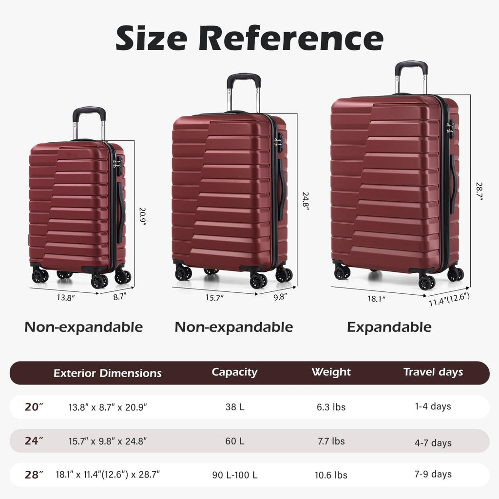 Coolife Luggage Sets, 3 Piece Hard Shell Suitcase Set with Spinner Wheels, Expandable Large Checked Luggage, Lightweight Rolling Carry On with TSA Lock Wine Red