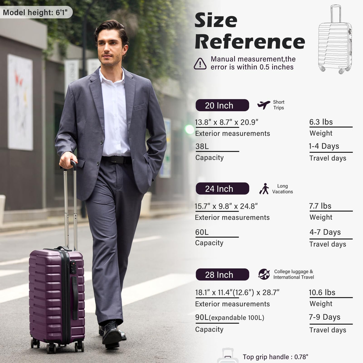 Coolife Medium Luggage Hardside Carry On with Spinner Wheels TSA Lock Telescopic Handle 24inch - Purple