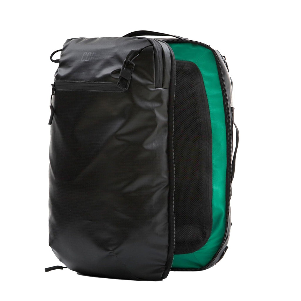 COR Surf Travel Backpack Carry On Backpack for Airplanes - Island Hopper 2.0 Travel Backpack with Clamshell Design - 28: Black with Black Zipper