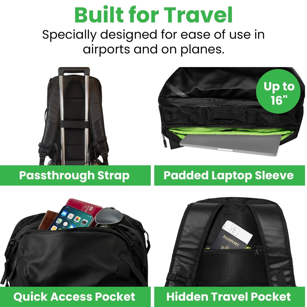 COR Surf Travel Backpack Carry On Backpack for Airplanes - Island Hopper 2.0 Travel Backpack with Clamshell Design - 28: Black with Black Zipper