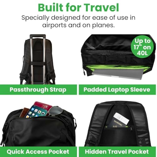 COR Surf Travel Backpack Carry On Backpack for Airplanes - Travel Backpack with Clamshell Design The Island Hopper - 40L Black