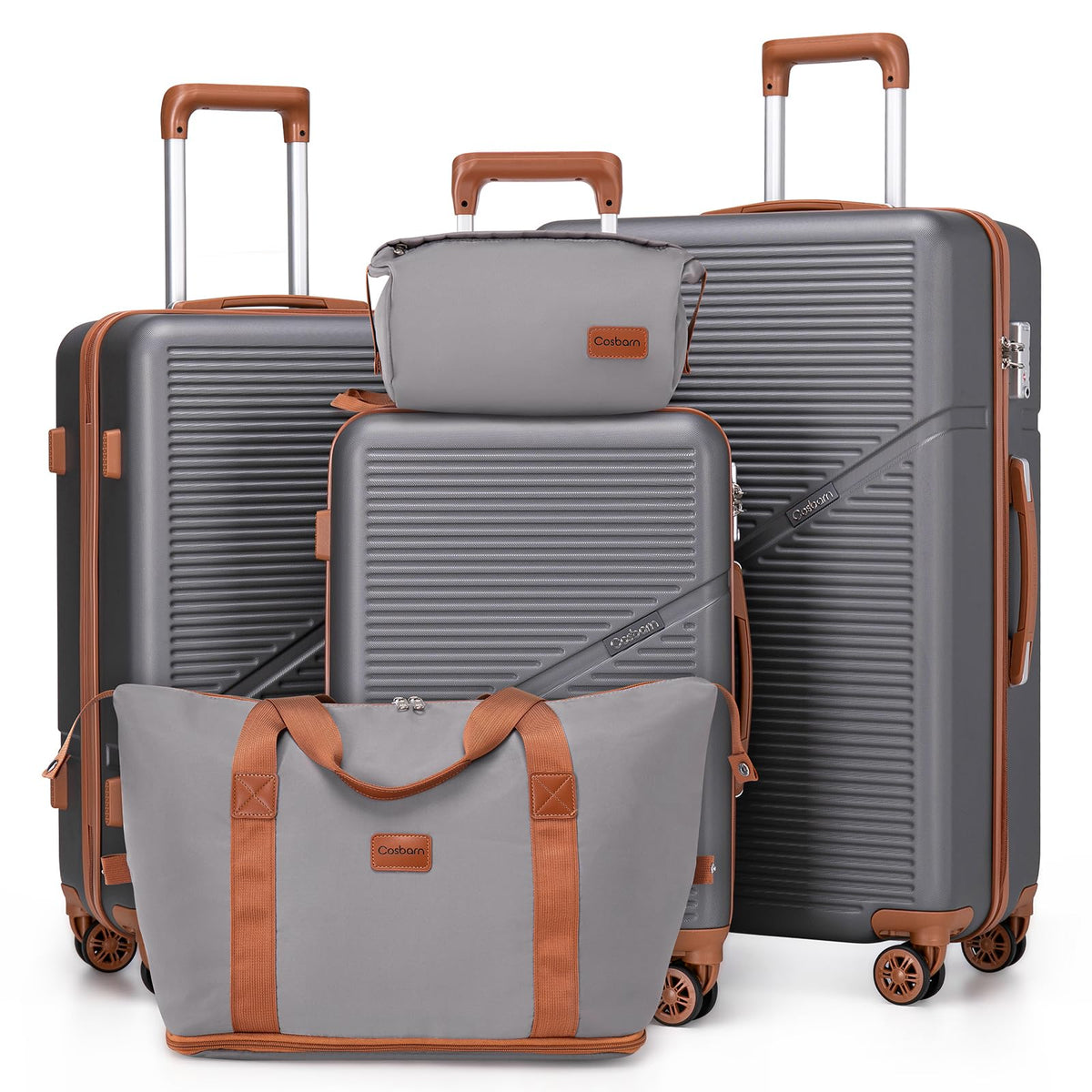 Cosbarn 5 Piece Luggage Sets with Spinner Wheels, Hardshell ABS Suitcase Set with Tsa Lock, Lightweight Hardside Waterproof Travel Suitcases for Men Women, Grey (20"/24"/28")