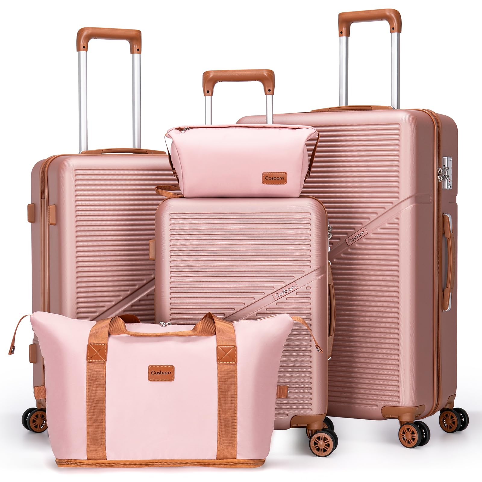 Cosbarn 5 Piece Luggage Sets with Spinner Wheels, Hardshell ABS Suitcase Set with Tsa Lock, Lightweight Hardside Waterproof Travel Suitcases for Men Women, RoseGold (20"/24"/28")
