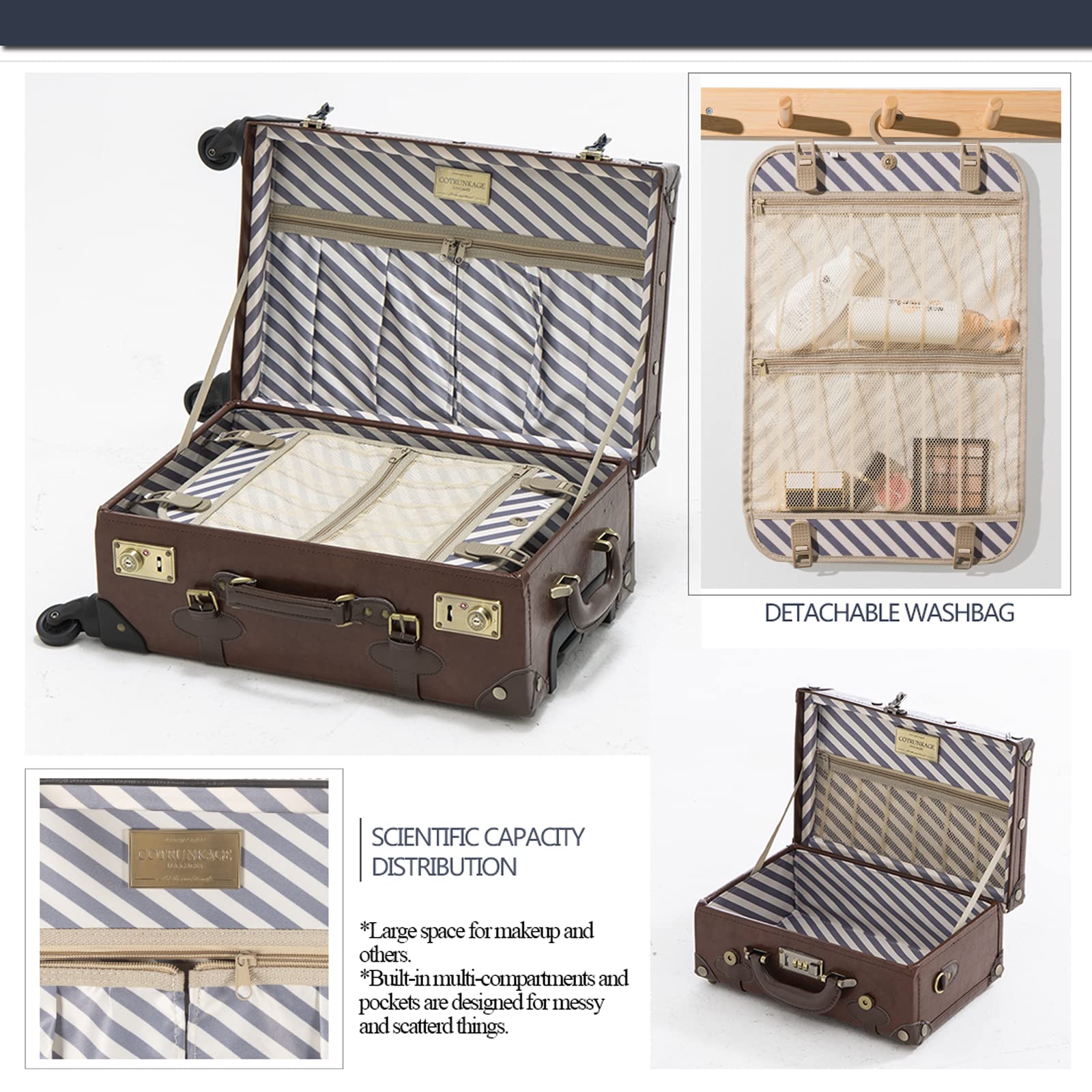 COTRUNKAGE 2 Piece Vintage Luggage Sets, Retro Carry On Suitcases for Women with Wheels, Cabin Size TSA Lock, Caramel Brown