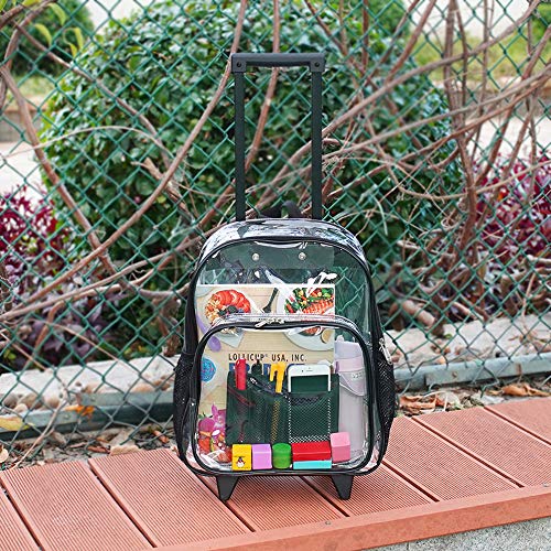 COVAX Rolling Clear Backpack, Heavy Duty See Through Bookbag, Transparent PVC Cold-resistant Backpack with Wheels (Black)