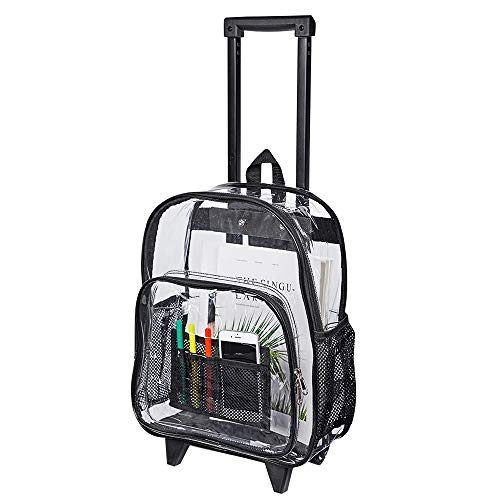 COVAX Rolling Clear Backpack, Heavy Duty See Through Bookbag, Transparent PVC Cold-resistant Backpack with Wheels (Black)