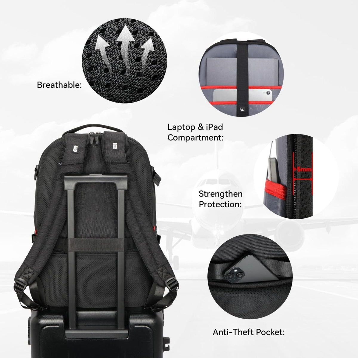 CROSSGEAR Travel Carry On Backpack for Men, 40L Expandable Large Laptop Backpack, Fit 17.3 Inch Computer, TSA - Friendly Luggage Airline Approved, Water Resistant, Business Commute Work Daypack, Black
