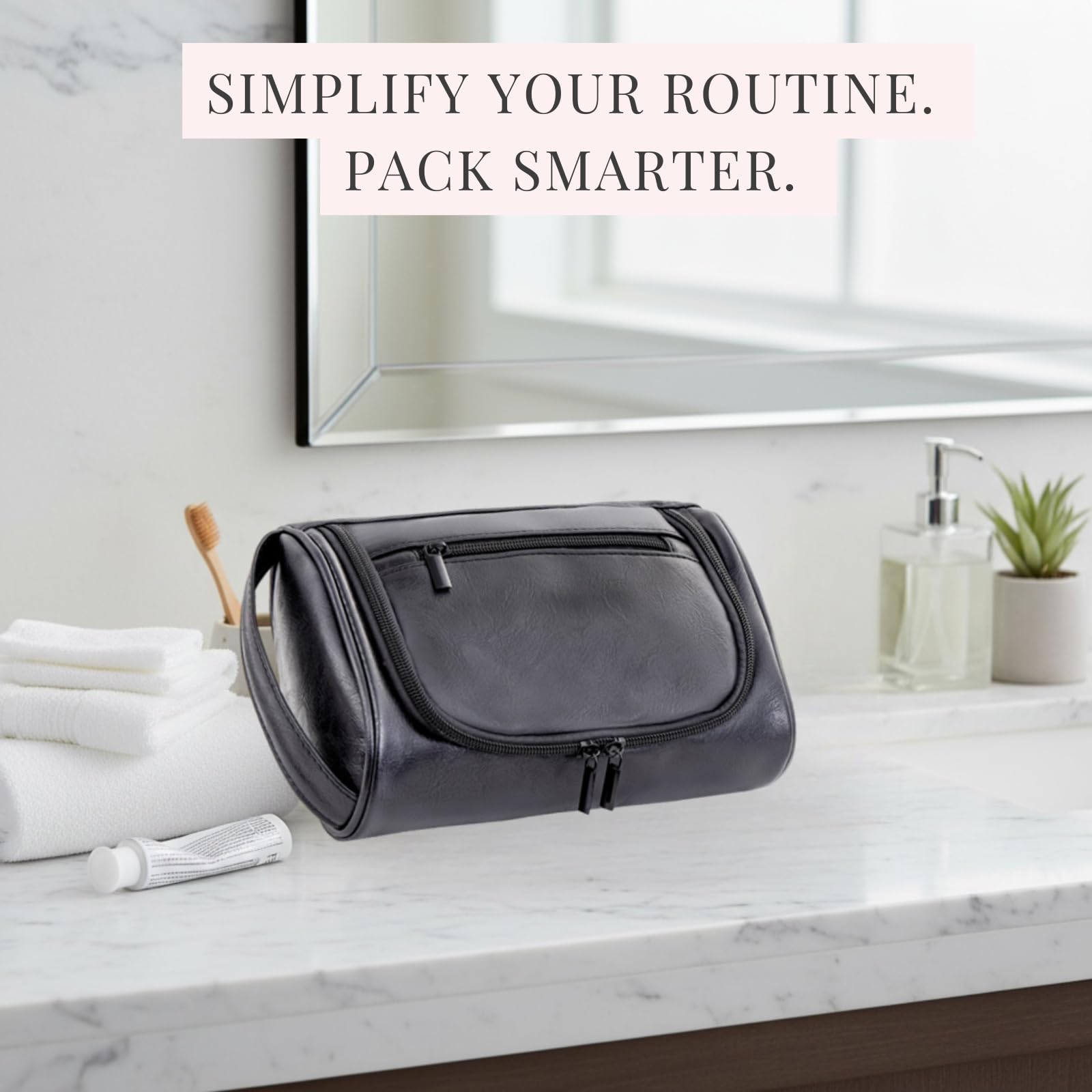 Cumbanho Mens Toiletry Bag, Compact Dopp Kit for Men Travel, PU Leather Shaving Kit, Water - Resistant Minimalist Organizer with Wrist Strap, Travel Toiletry Bag, Gift for Men,Small 9X5.9X3 Inch Black