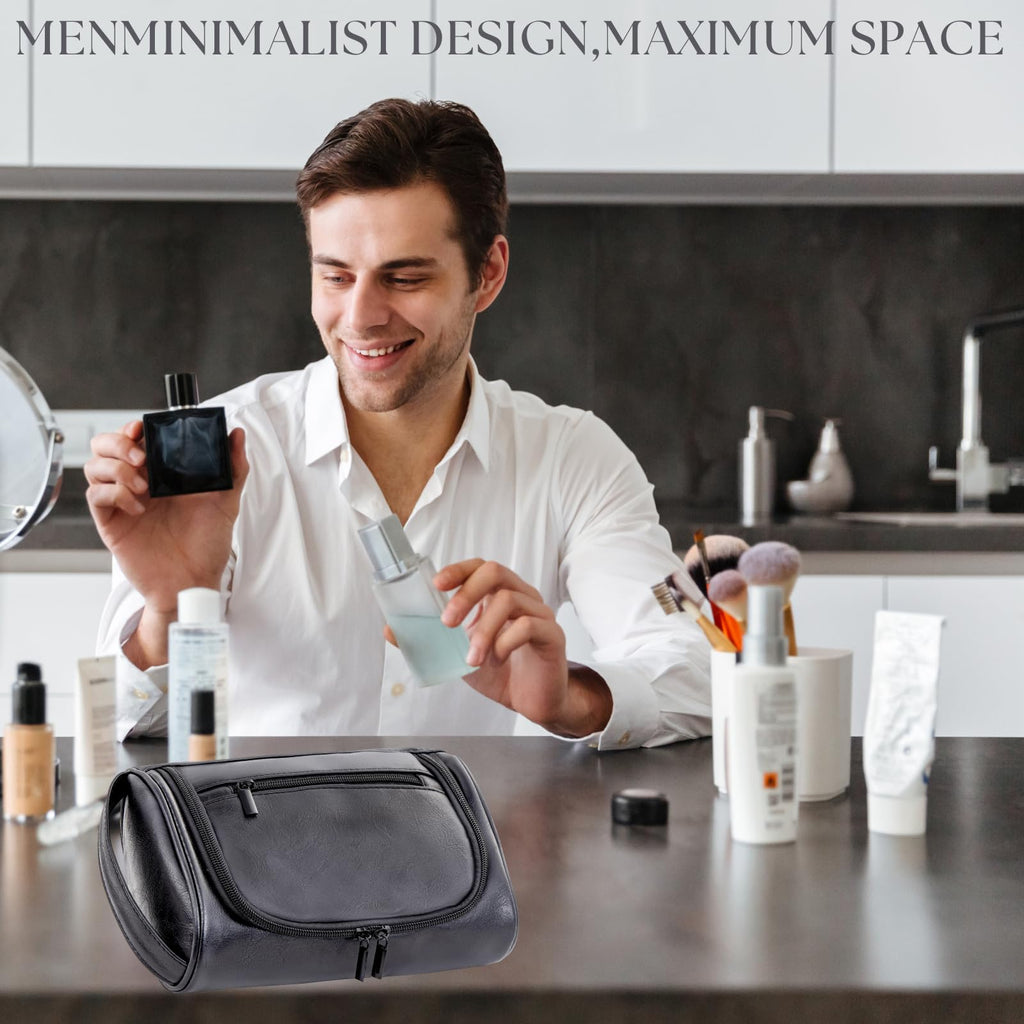 Cumbanho Mens Toiletry Bag, Compact Dopp Kit for Men Travel, PU Leather Shaving Kit, Water - Resistant Minimalist Organizer with Wrist Strap, Travel Toiletry Bag, Gift for Men,Small 9X5.9X3 Inch Black
