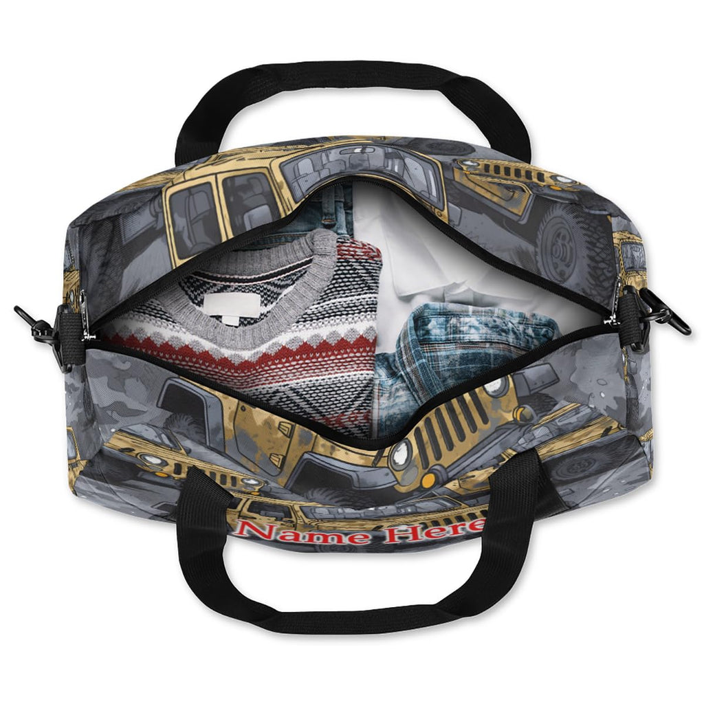 Custom Name Small Kids Overnighter Duffle Bag for Boys Girls Cartoon Jeep Truck Car Personalized Lightweight Gym Sports Duffle Bag Travel Weekender Tote Carry on Bag Customized Kids Gifts