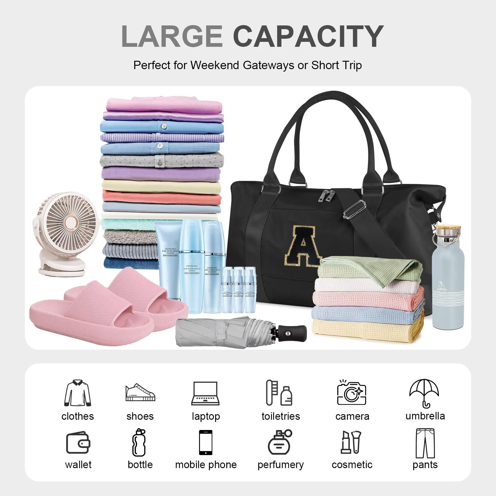 Dance Gym Duffel Bag for Teen Girls, Personalized Initial Travel Weekender Bag,Cute Overnight Carry On Duffle for Women,Sports Travel Cheer Bag,Monogram Christmas Gifts for Tween Preppy(black - A)
