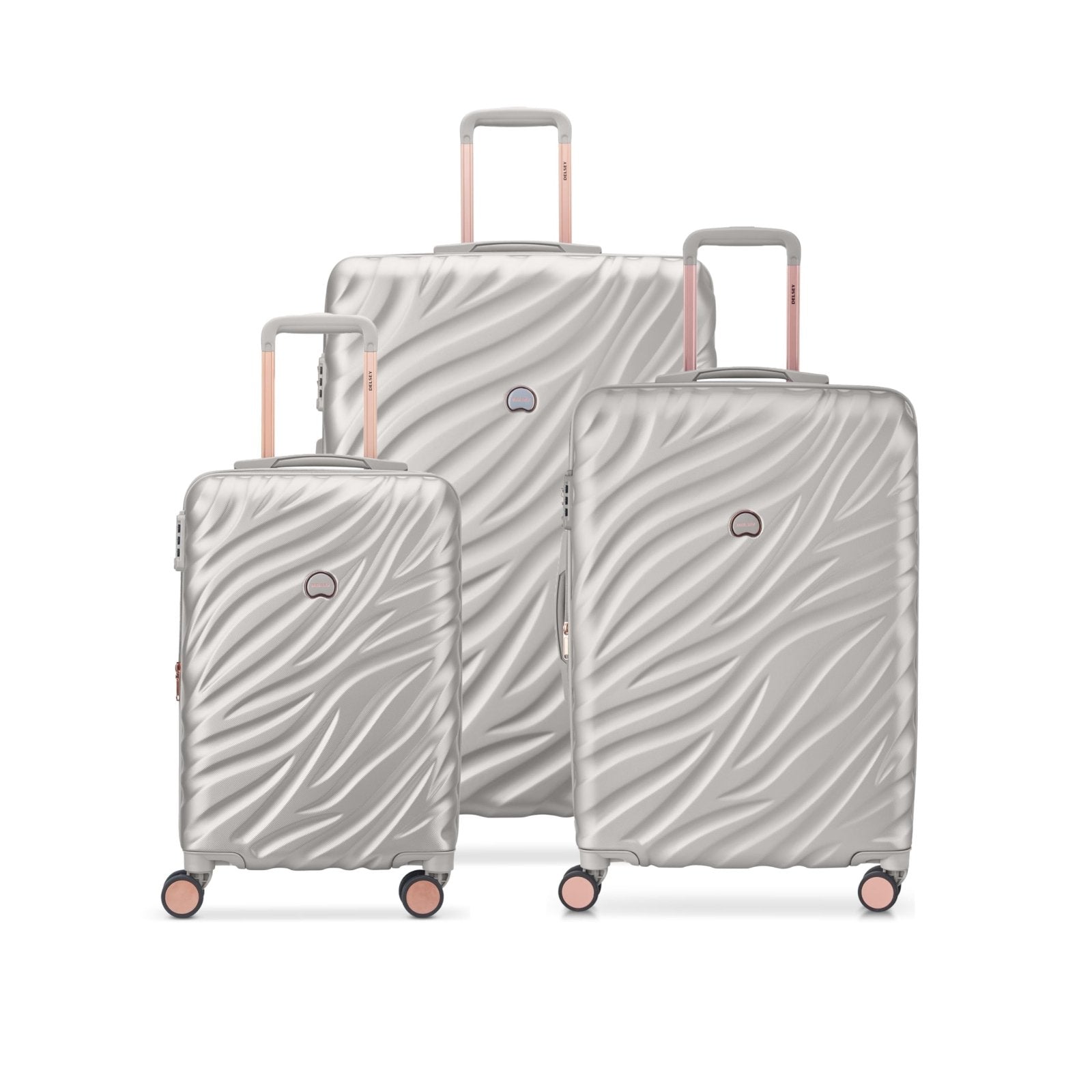 DELSEY PARIS Alexis Hardside 3-Piece Set, Expandable Luggage with 4 Spinner Wheels, Lightweight Suitcase, 21" Carry-On, 25" Checked Medium, 29" Checked Large, Silver/Rose Gold