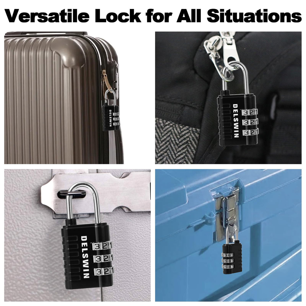 DELSWIN Combination Lock 3 - Digit Small Padlock - 4Pcs Resettable Combo Lock for School Gym Locker, Outdoor, Fence, Gate, Waterproof Luggage Locks for Travel Backpack