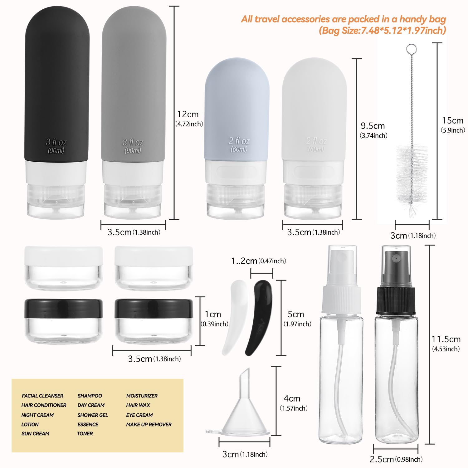 DEPOZA Travel Bottles Kit (16 Pack) - TSA Approved, Leak Proof Silicone Squeezable Containers for Toiletries. Complete Set with Jars, Sprayers & Bag (Black)