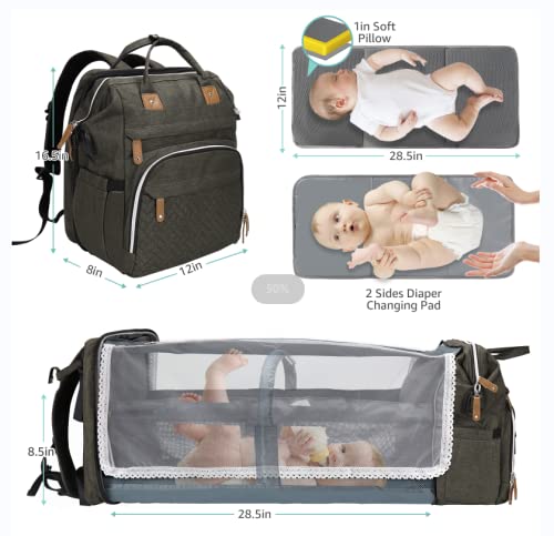 DERJUNSTAR Diaper Bag Backpack, Large Baby Bag with Changing Pad, Thick Padded Back & Straps, Laptop Compartment, Waterproof Travel Backpack with USB Port, Multi - Function for Mom & Dad, Army Green