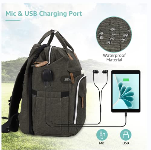 DERJUNSTAR Diaper Bag Backpack, Large Baby Bag with Changing Pad, Thick Padded Back & Straps, Laptop Compartment, Waterproof Travel Backpack with USB Port, Multi - Function for Mom & Dad, Army Green