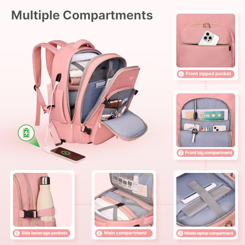DEVPNR Rolling Backpack for Women, Travel Backpack with Wheels, Sweet Pink