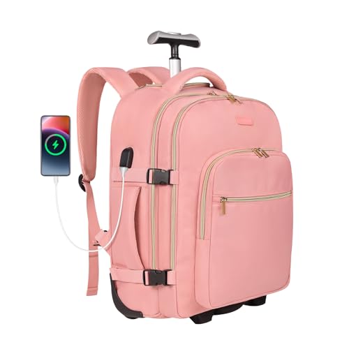 DEVPNR Rolling Backpack for Women, Travel Backpack with Wheels, Sweet Pink