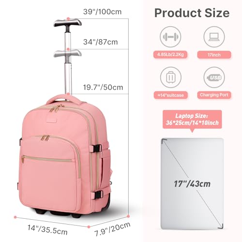 DEVPNR Rolling Backpack for Women, Travel Backpack with Wheels, Sweet Pink