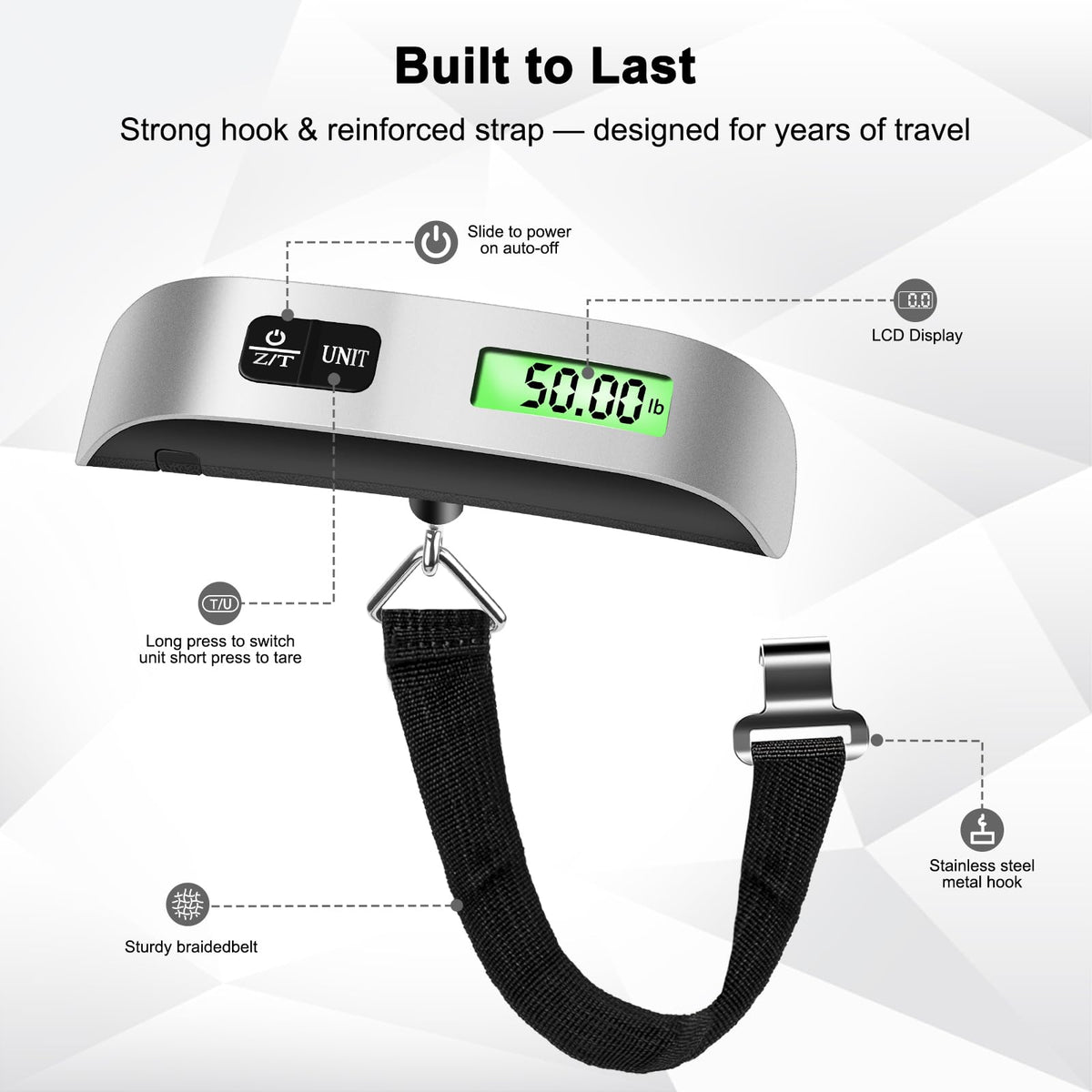 Digital Luggage Scale for Travel, Hanging Suitcase Weight Scale with High Accuracy ±0.35oz/10g, 110lb/50kg Capacity, Backlit Display, Auto - Lock, Portable Bag Scale to Prevent Overweight Fees