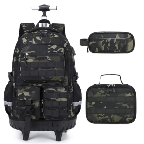 DIGOBAY Camo Rolling Backpack for Boys, 3PCS Tactical Kids Rolling Backpack Set with Lunch Bag & Pencil Case, Boys Wheeled School Bookbag for Elementary, Middle, High School