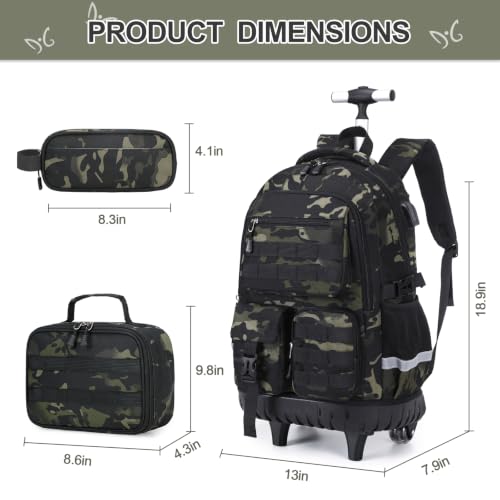 DIGOBAY Camo Rolling Backpack for Boys, 3PCS Tactical Kids Rolling Backpack Set with Lunch Bag & Pencil Case, Boys Wheeled School Bookbag for Elementary, Middle, High School