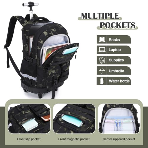 DIGOBAY Camo Rolling Backpack for Boys, 3PCS Tactical Kids Rolling Backpack Set with Lunch Bag & Pencil Case, Boys Wheeled School Bookbag for Elementary, Middle, High School