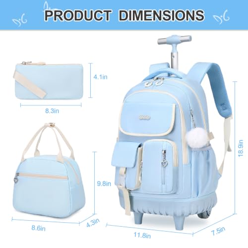 DIGOBAY Rolling Backpack for Girls, Girls Roller Backpack with Lunch Bag and Pencil Case, School Bookbag with Wheels for Elementary Middle High School Travel, Blue