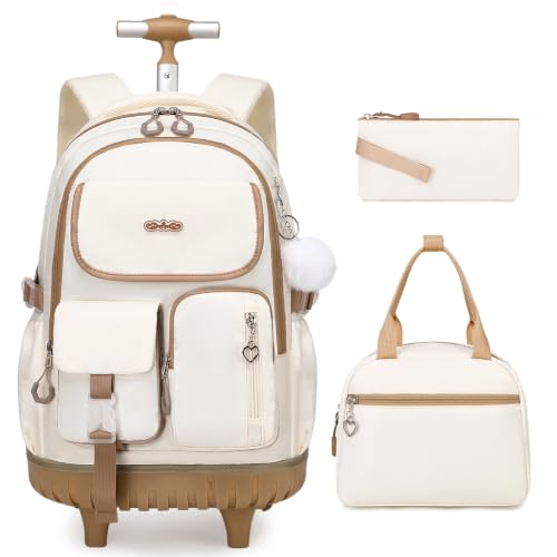 DIGOBAY Rolling Backpack for Girls, Girls Roller Backpack with Lunch Bag and Pencil Case, School Bookbag with Wheels for Elementary Middle High School Travel, Khaki