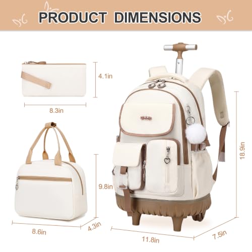 DIGOBAY Rolling Backpack for Girls, Girls Roller Backpack with Lunch Bag and Pencil Case, School Bookbag with Wheels for Elementary Middle High School Travel, Khaki