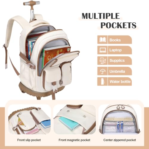 DIGOBAY Rolling Backpack for Girls, Girls Roller Backpack with Lunch Bag and Pencil Case, School Bookbag with Wheels for Elementary Middle High School Travel, Khaki