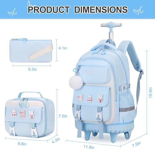 DIGOBAY Rolling Backpack for Girls, Roller School Bag with Wheels, Wheeled Backpacks with Lunch Bag Pencil case for Elementary School Bookbags with Cute Pins Blue