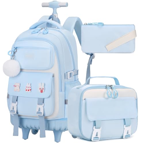 DIGOBAY Rolling Backpack for Girls, Roller School Bag with Wheels, Wheeled Backpacks with Lunch Bag Pencil case for Elementary School Bookbags with Cute Pins Blue
