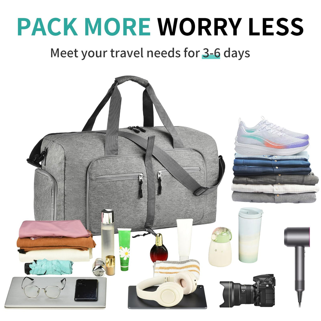 Dimayar 65L Travel Duffle Bag for Men Women - Foldable Duffel Bag with Shoes Compartment - Overnight Bags Waterproof & Tear Resistant(Gray)