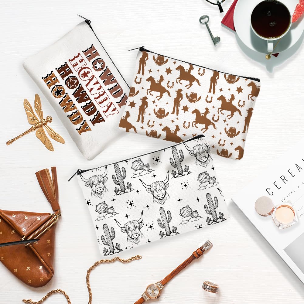 DOODLREAM 4Pcs Canvas Western Cowboy Makeup Bag - 9.06" x 5.9" Western Cactus Cow Cosmetic Bags Travel Organizer Portable Accessories with Zipper, Toiletry Large Capacity, Purse Organizer Pouches